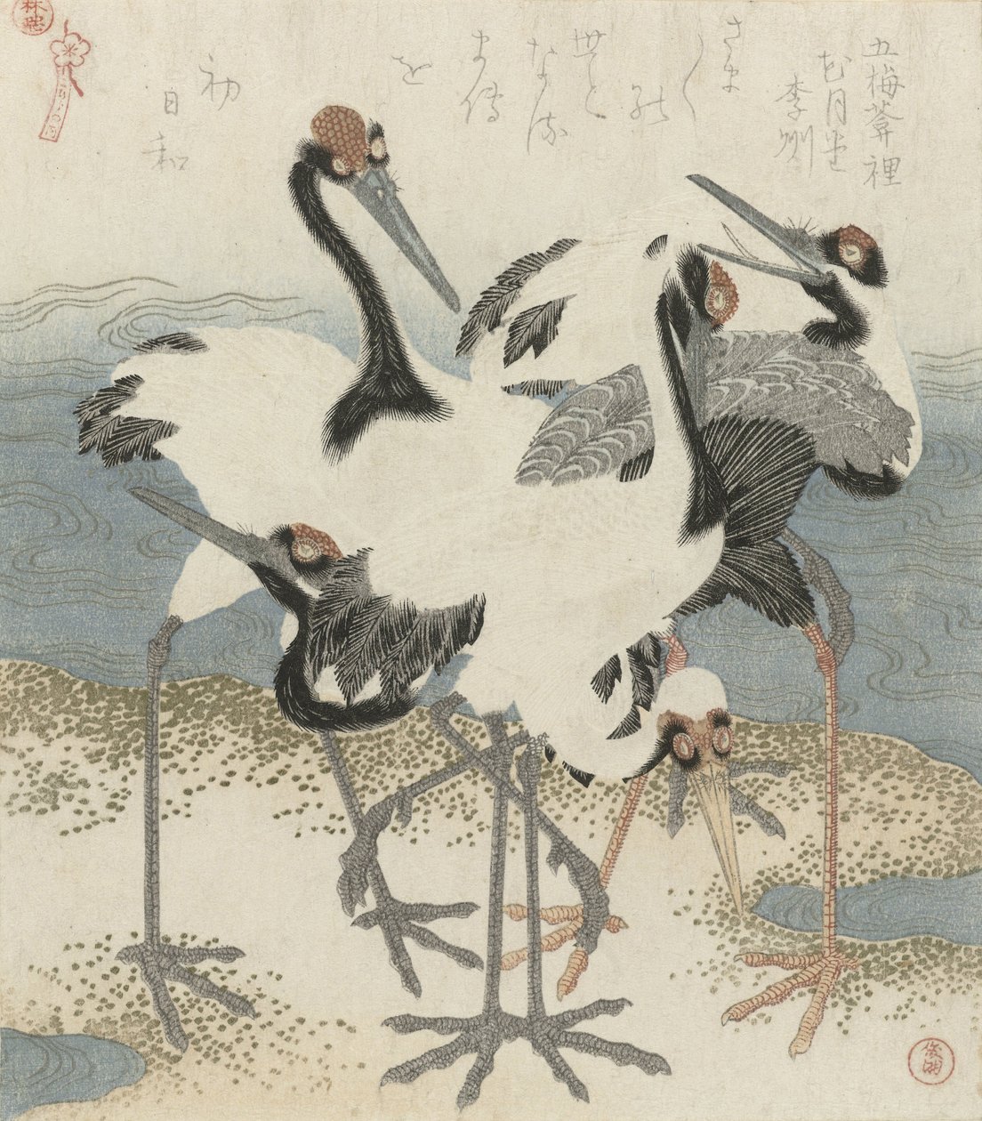 Tranor vid vattnet, ca 1816 (träsnitt i färg) av Kubo Shunman