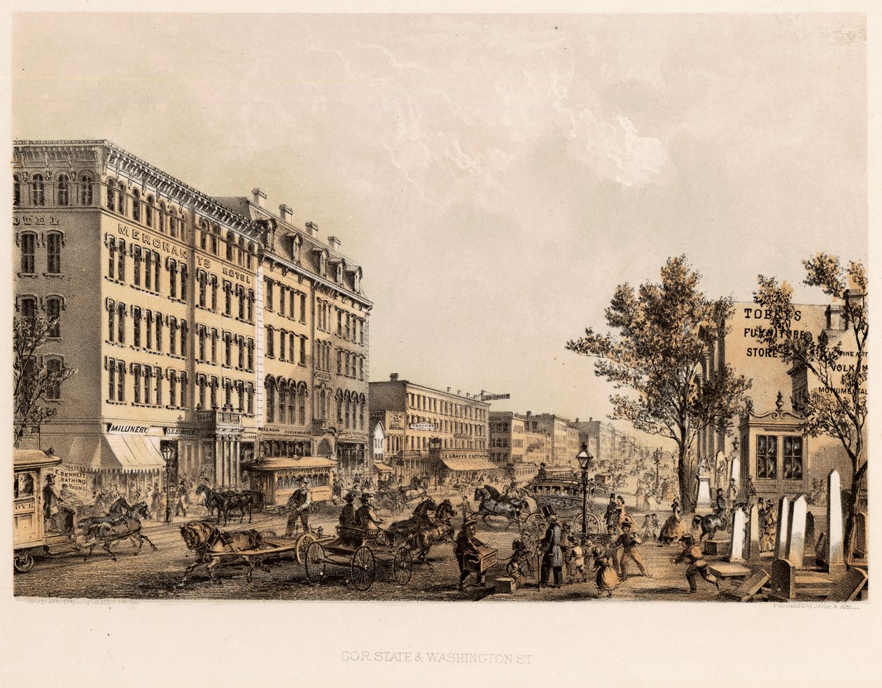 Hörnet av State och Washington Streets, Chicago, c.1867 av Kurz and Allison
