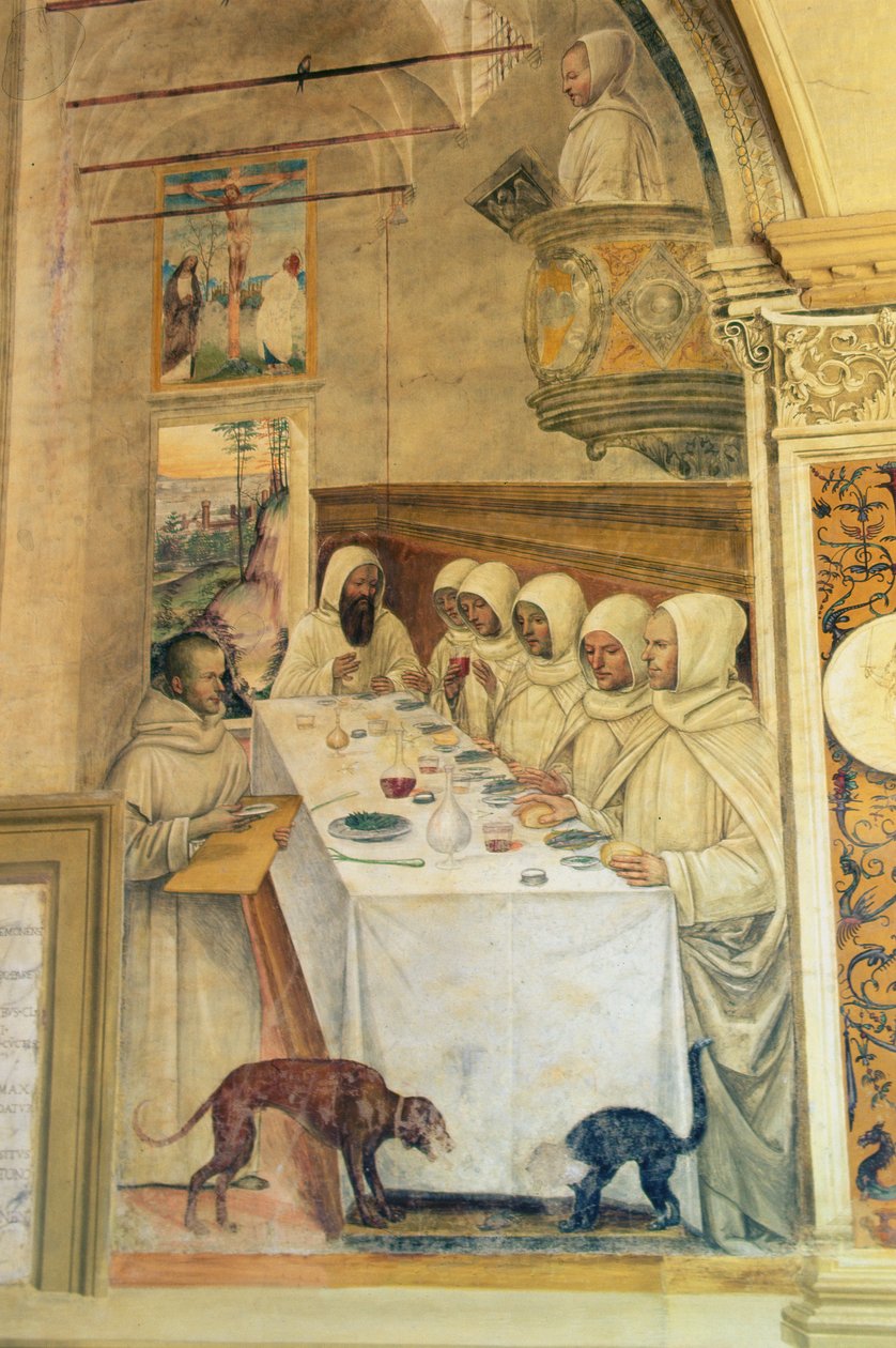 St. Benedict hittar mjöl och matar munkarna, från Life of St. Benedict, 1497-98 av L. and Sodoma, G. Signorelli