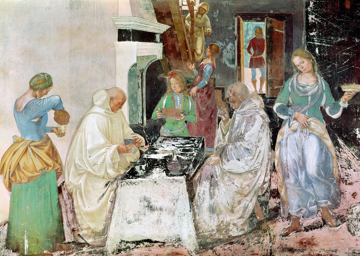 St. Benedictus tar emot gästfrihet, från St. Benedictus liv, 1497-98 av L. and Sodoma, G. Signorelli