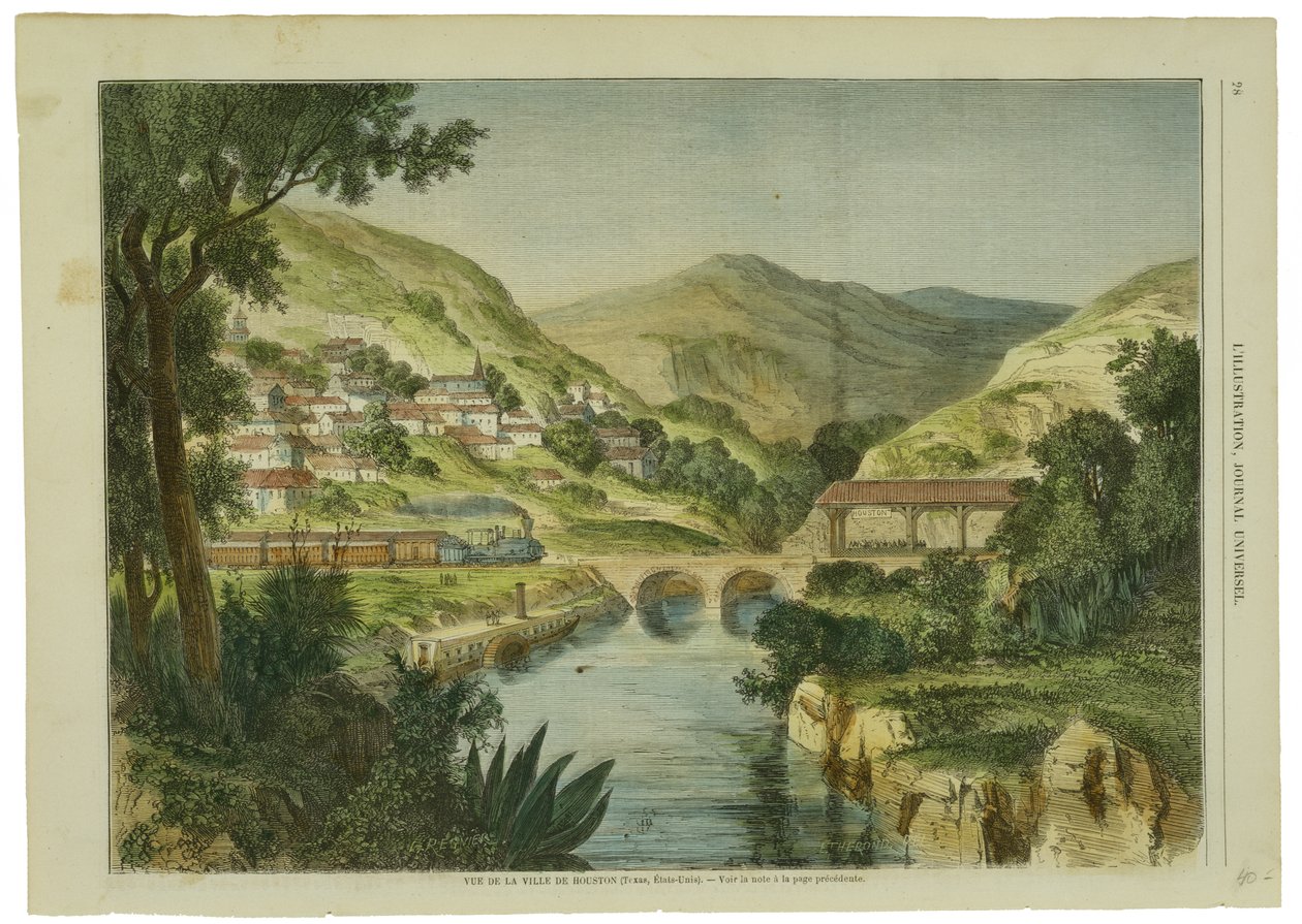 Vue de la Ville de Houston, ca. 1855-1865 (handfärgad trägravyr på vävt trämassapapper) av L. after Regnier