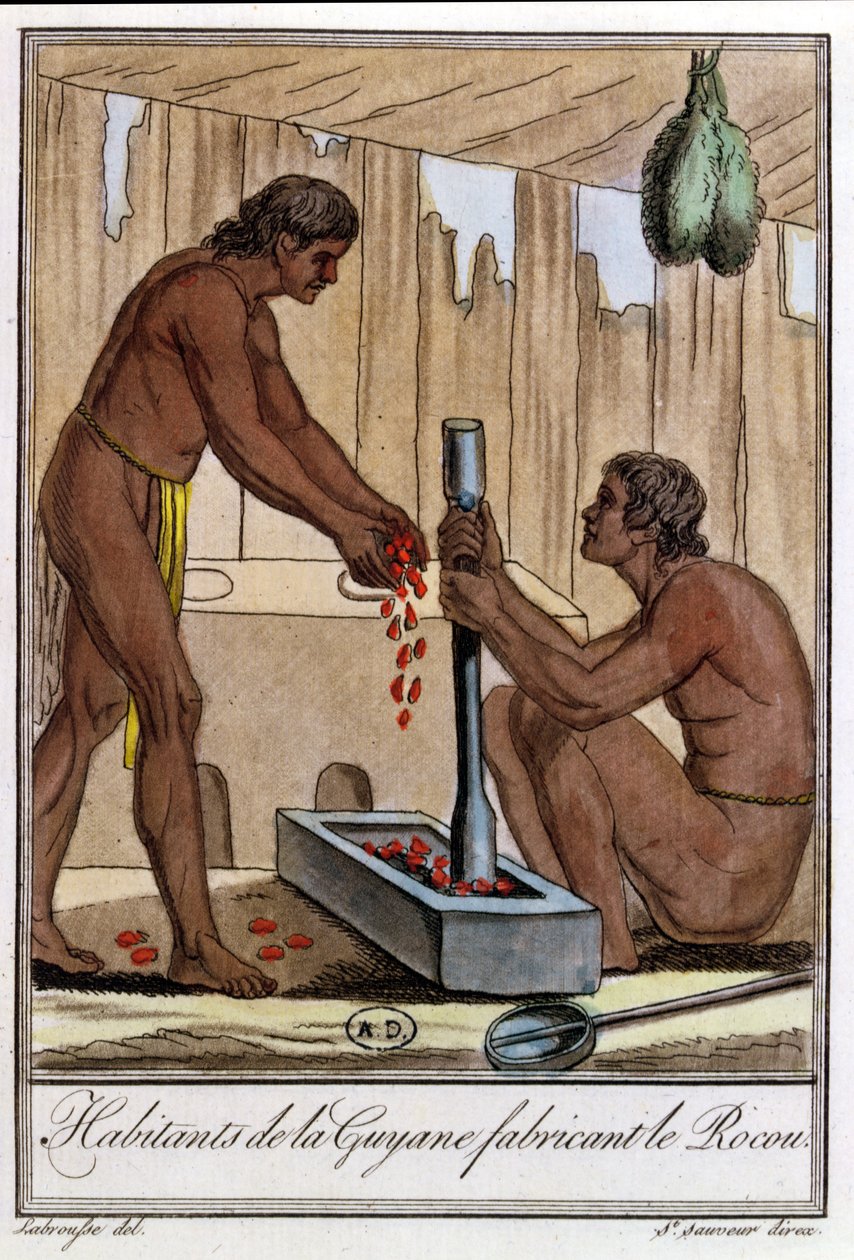 Invånare i Franska Guyana förbereder Annatto, från "Encyclopedie des Voyages" av Jules Grasset de Saint-Sauveur (1757-1810) 1796 av L.F. Labrousse