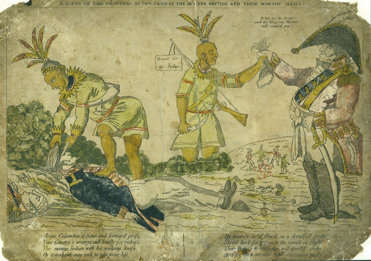 Horizontal hand-colored engraving showing a British officer paying American Indians to scalp and American soldier av LG after William Charles