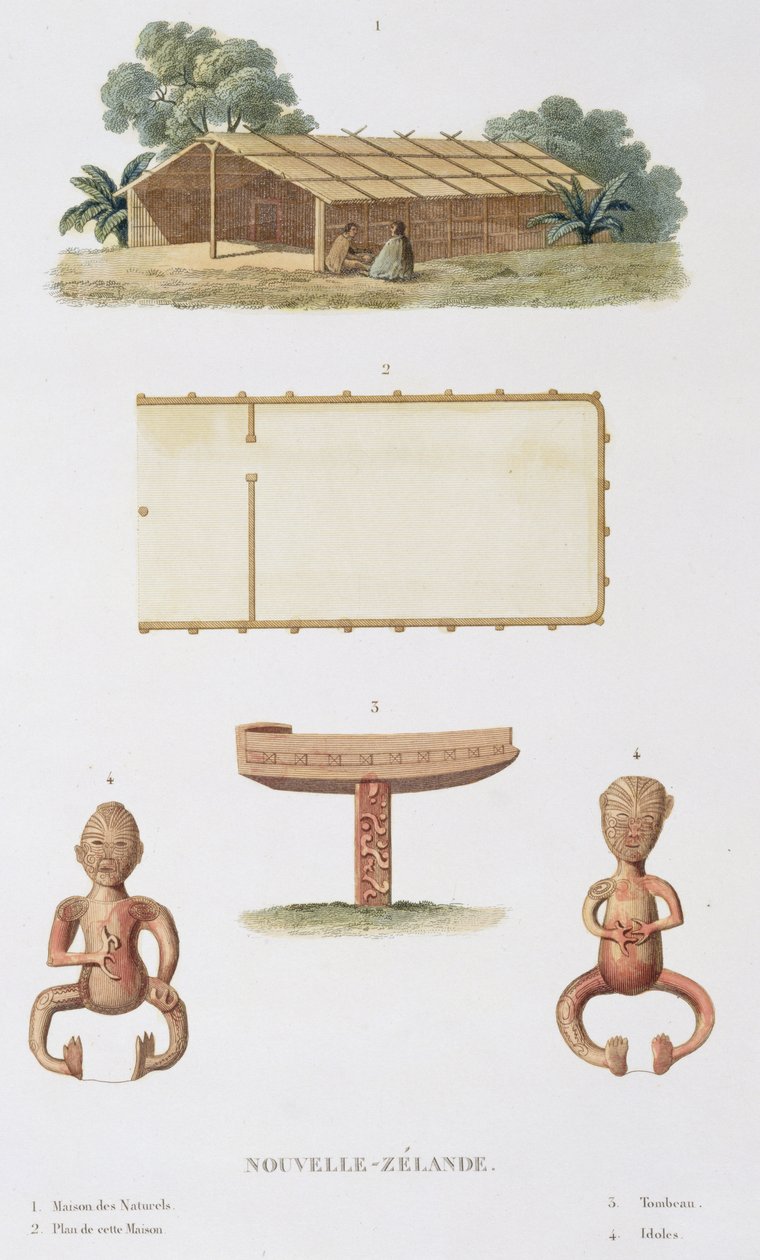 Ett andehus, Nya Zeeland, från Voyage around the World, utfört på kungens order på La Corvette de Sa Majeste, La Coquille under åren 1822, 1823, 1824 och 1825, av Louis Isidore Duperrey (17) av L.I. and Chazal, A. Duperrey