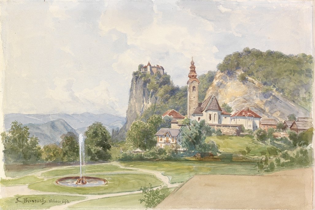  Bled-zupna cerkev z gradom v ozadjun av Ladislav Benesch