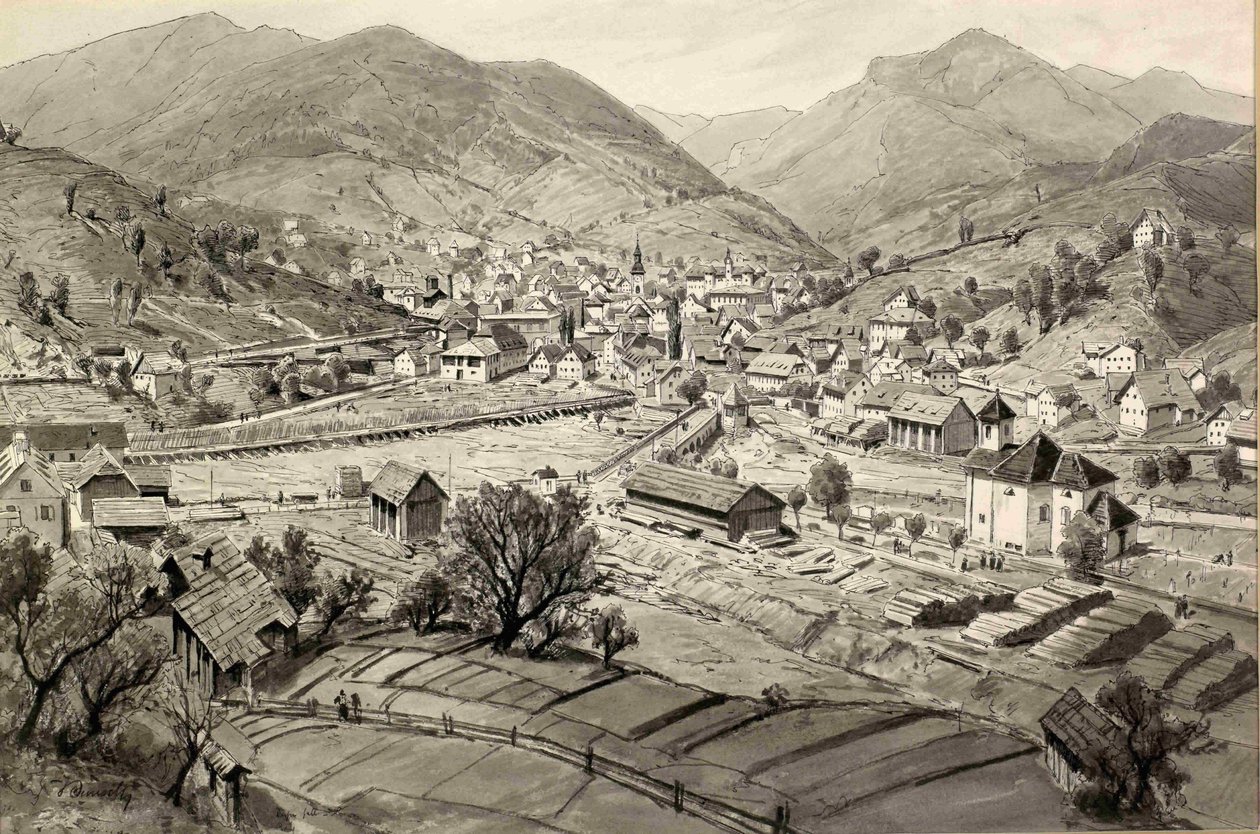  Pogled na Idrijo in Idrijco z grabljamin av Ladislav Benesch