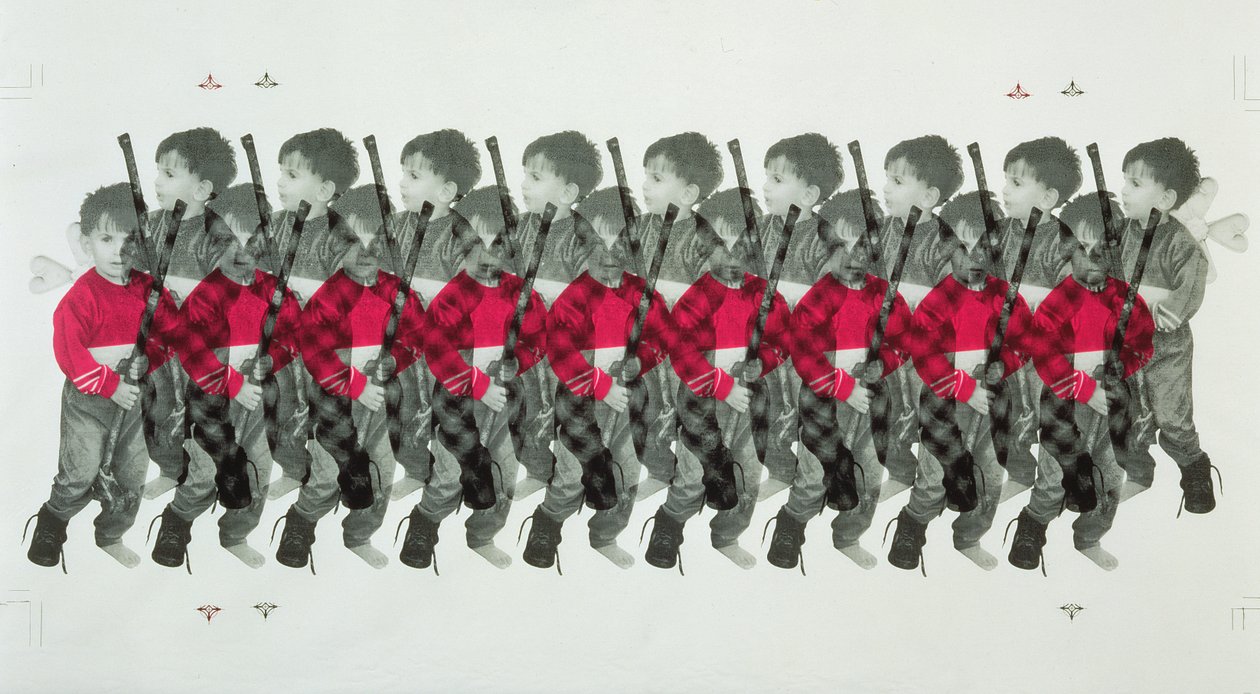 Boy Soldiers, 1996 (silkscreen på bomull) av Laila Shawa