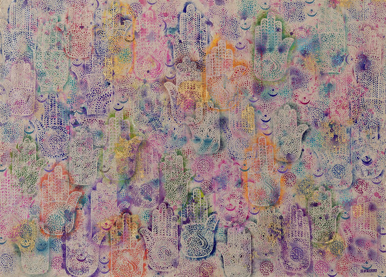 Hands of Fatima, 1999 (akryl & bladguld på papper) av Laila Shawa