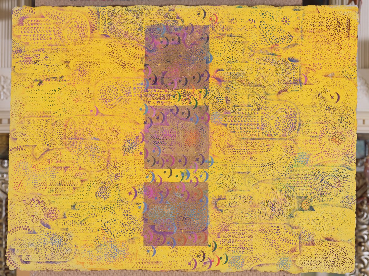Utan titel, 1999 (akryl & bladguld på papper) av Laila Shawa