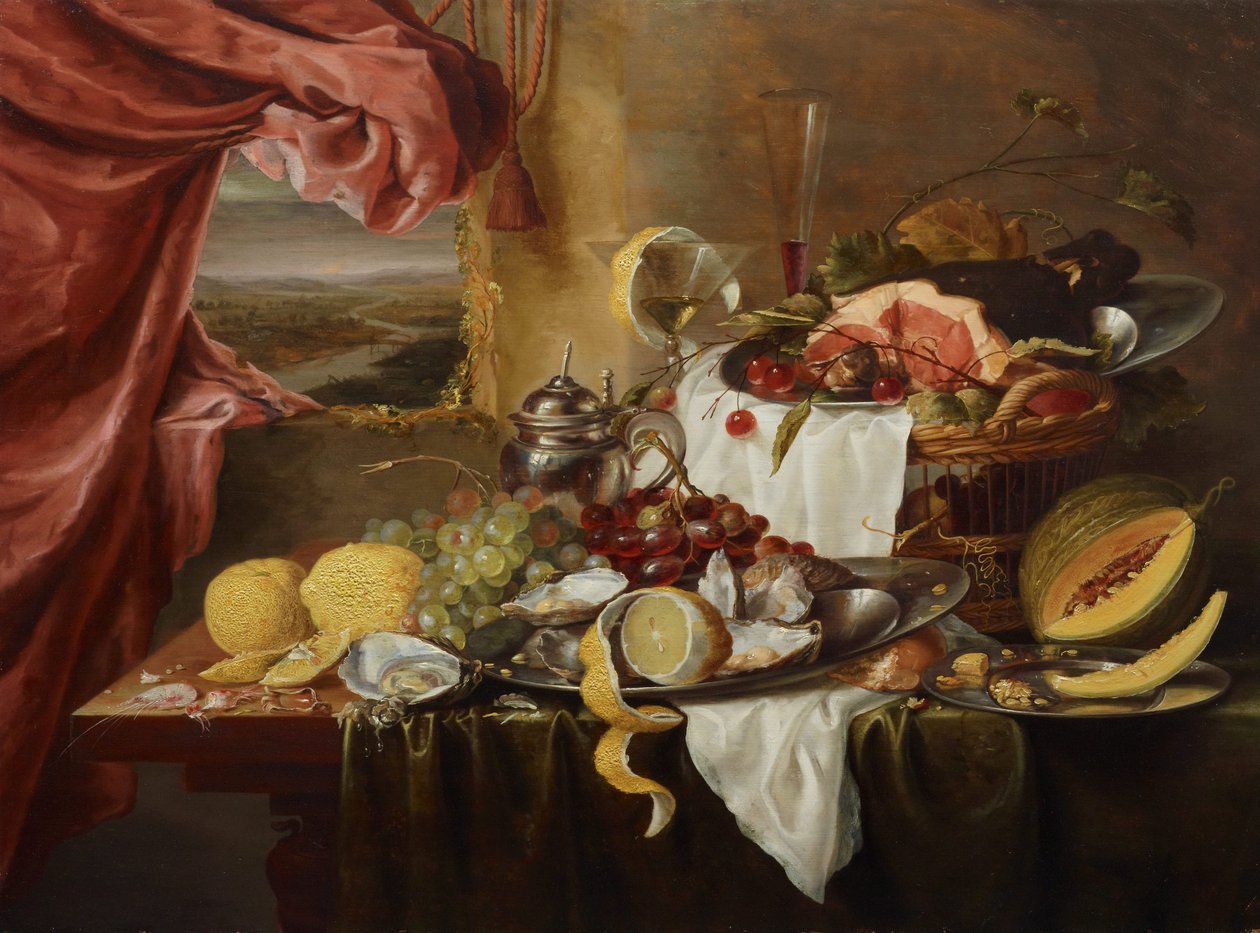 Still life with imaginary view av Laurens Craen