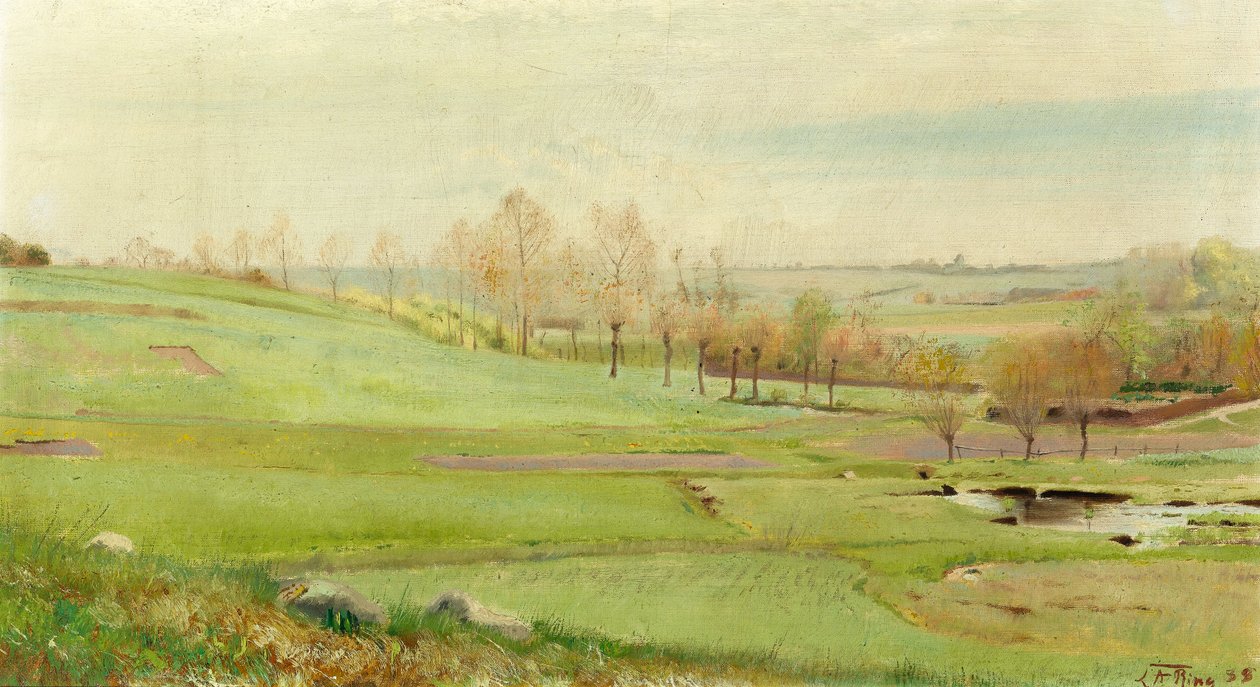 Foaarslandskab med lysegrønne Marker; et Vandhul til h. Mogenstrup av Laurits Andersen Ring