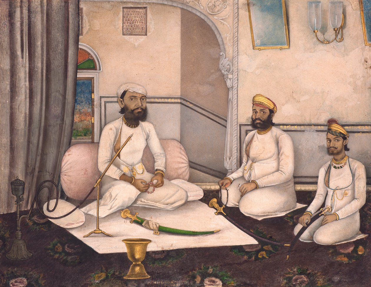 Thakur Sahab Samadr Karanji med Kabraji Mukandra Karanji Sahab och Bhao Raj Cha, ca 1875 (ogenomskinlig wc och guld på papper) av Laxmi Narayan
