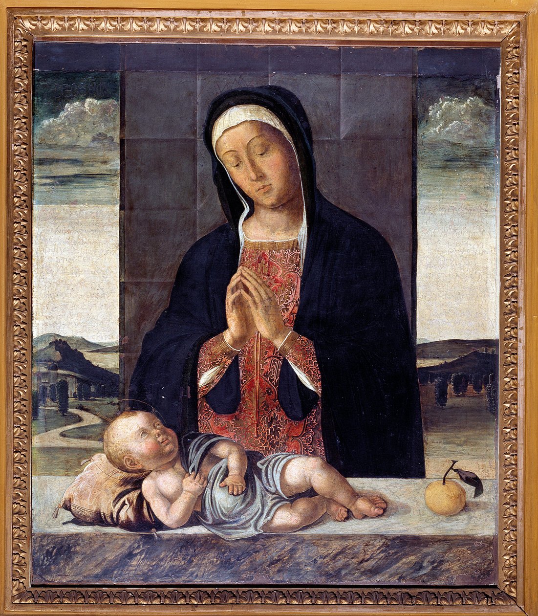 Jungfru som dyrkar Jesus (målning, ca 1500) av Lazzaro Bastiani