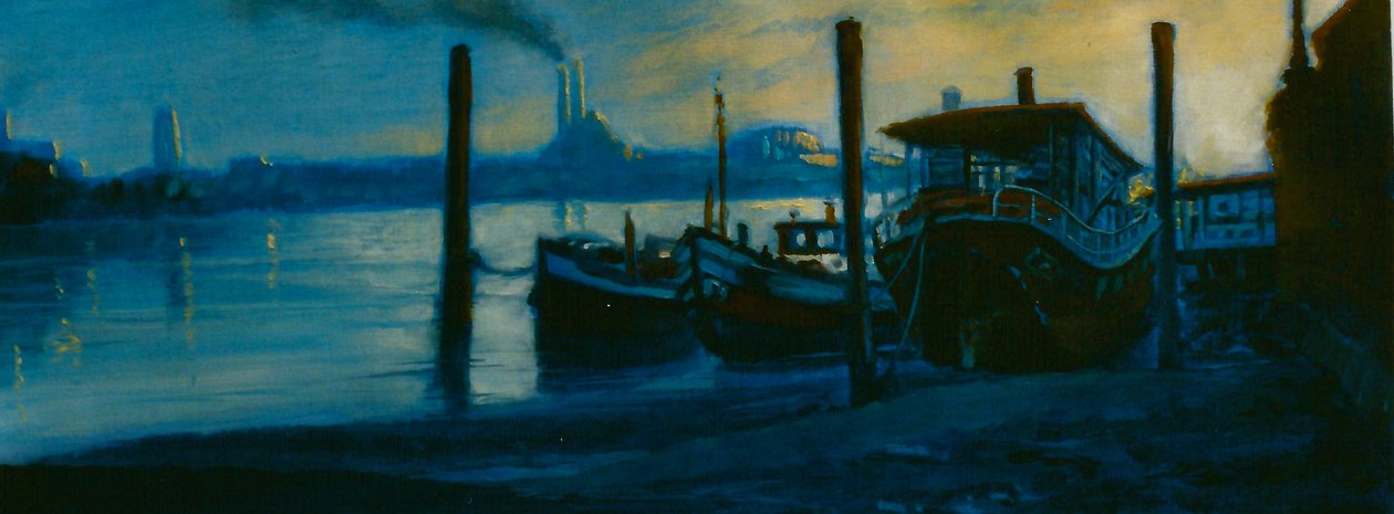 Chelsea Dusk 2002 (olja på papper) Themsen husbåtar av Lee Campbell
