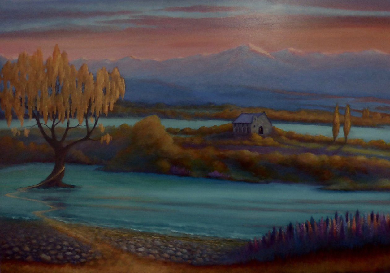 Two Lakes, 2024 (olja på duk) av Lee Campbell