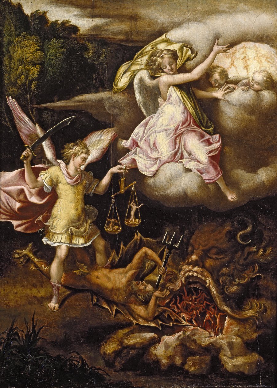 St Michael underkuva Satan och väga de dödas själar, ca. 1540 - 1549 av Lelio Orsi da Novellara