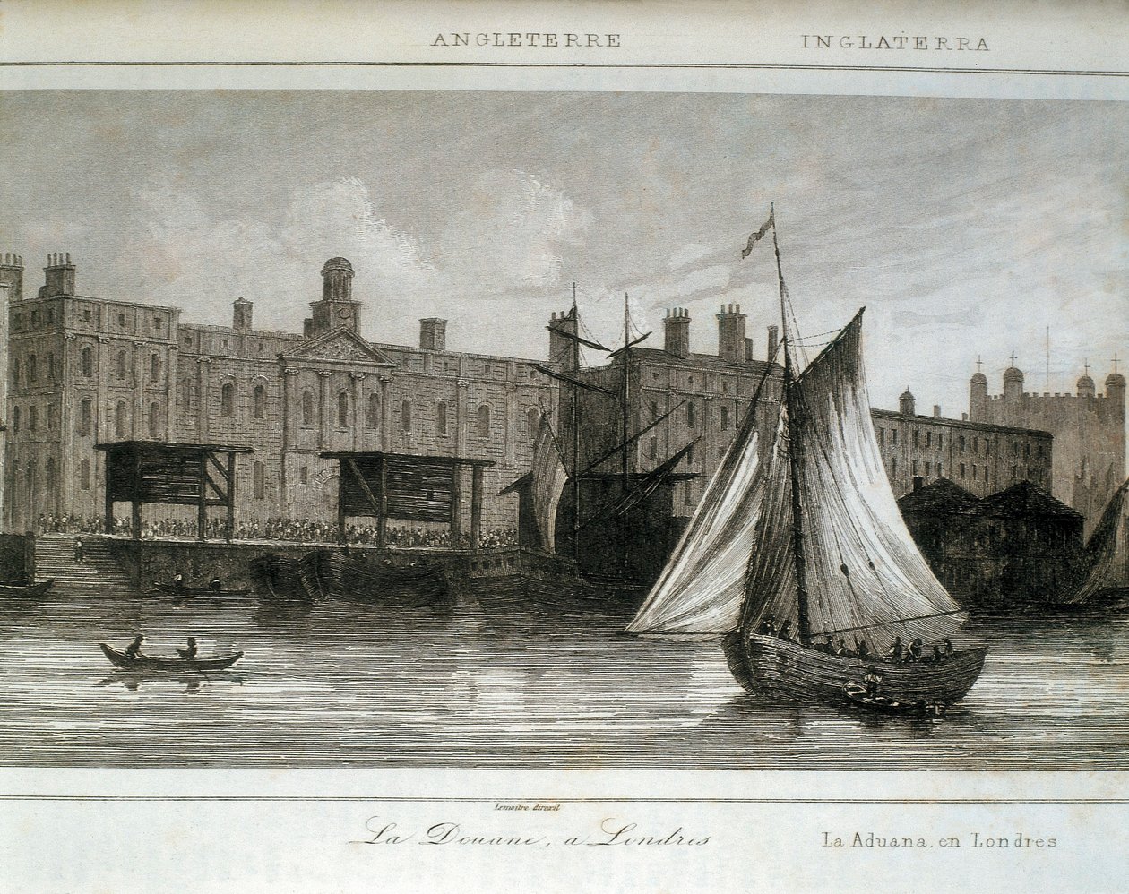 London Customs på Themsen, England (gravyr) av Lemaitre