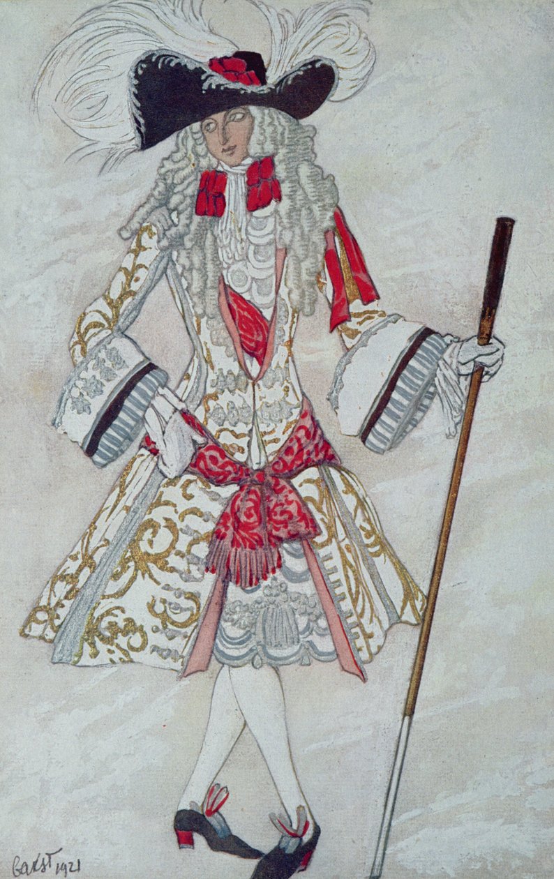 Kostymdesign för Prince Charming at Court, från Törnrosa, 1921 av Leon Bakst