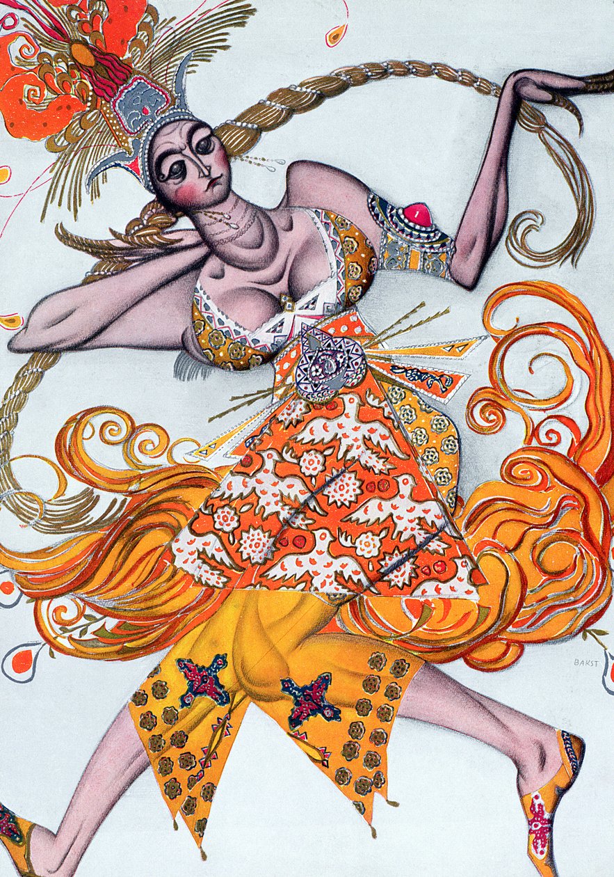 Kostymdesign för en pas de deux dansade vid öppningsgalan av Diaghilev-baletten 1909 av Leon Bakst