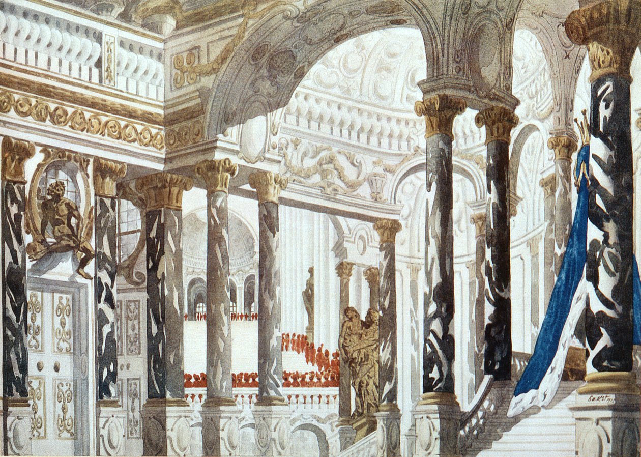 Landskapsdesign för dopet, från Törnrosa, 1921 av Leon Bakst