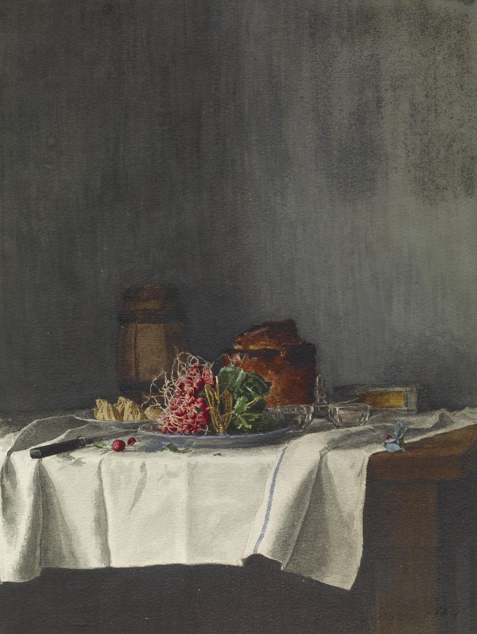 Stilleben med rädisor och paté, 1864 (penna och bläck, penna och wc på papper) av Léon Bonvin