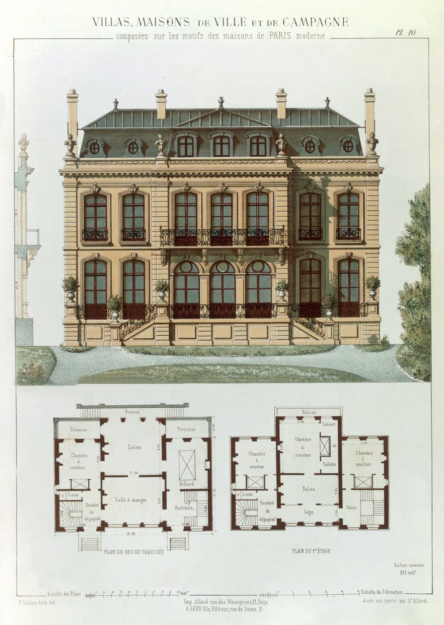 Parisiskt förortshus och ritningar från "Villas, Town and Country Houses Based on the Modern Houses of Paris", ca 1860. av Leon Isabey