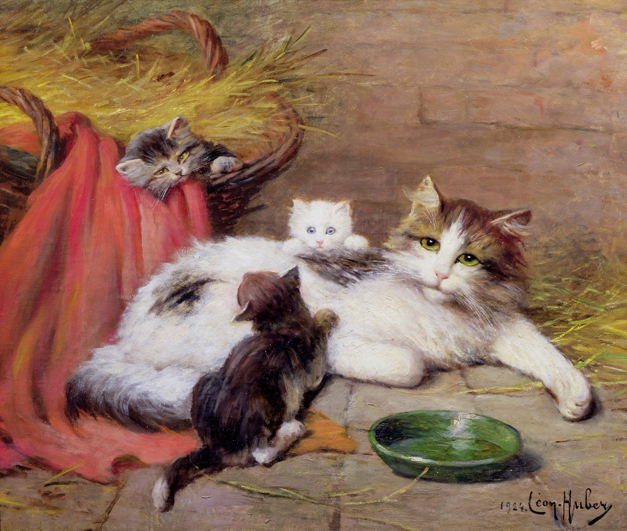 Katt med kattungar, 1924 av Leon Charles Huber