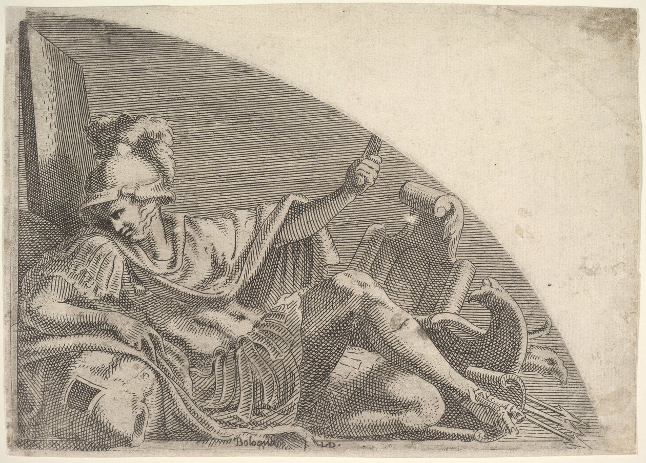 Mars sittande bland troféer, 1540-56. av Leon Davent