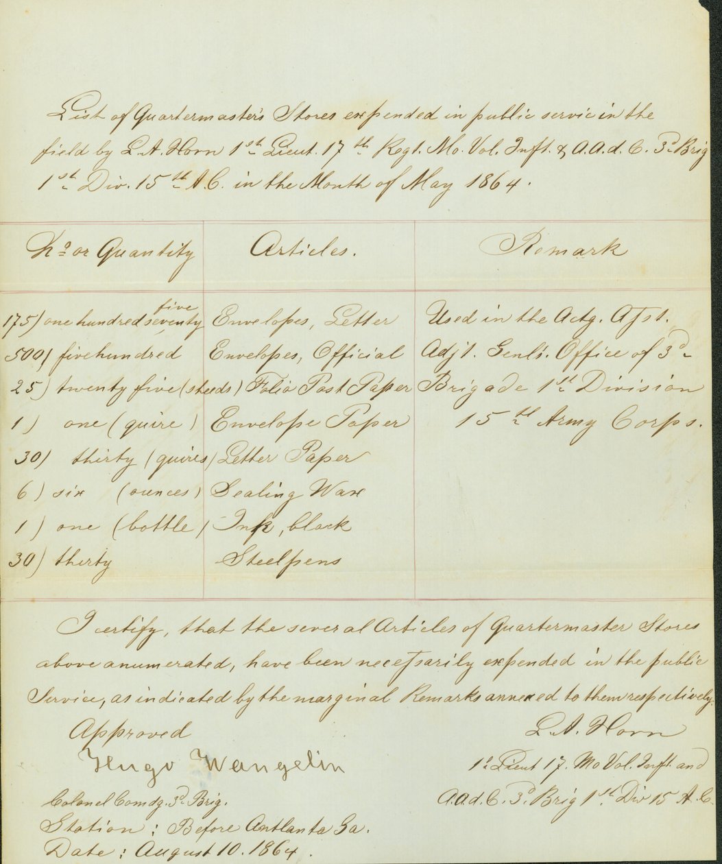 Lists items expended in public service in the field by L.A. Horn in the month of May 1864 av Leonard A. Horn