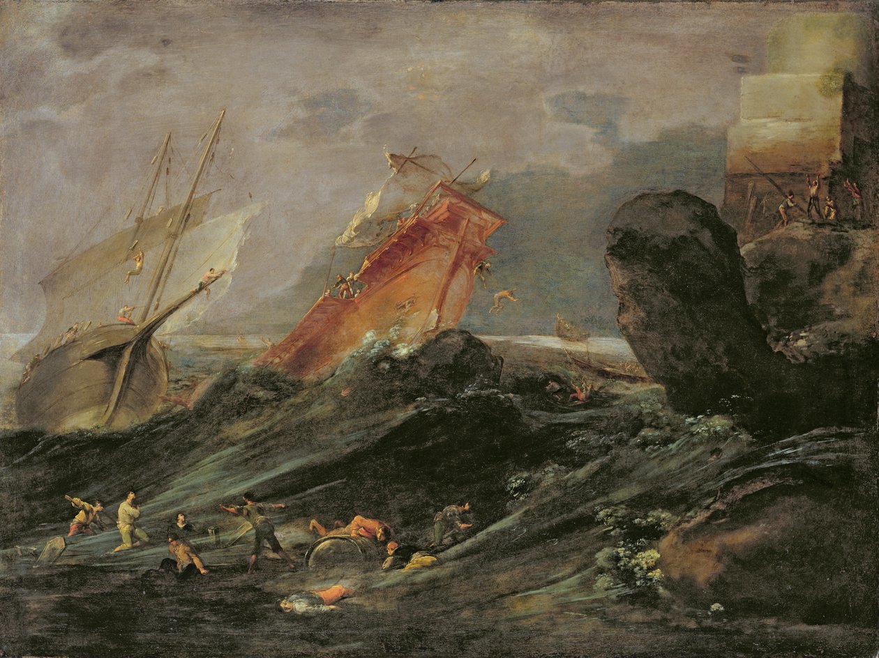 Forlis på en klippekyst, ca. 1645-50 sverige av Leonard Bramer