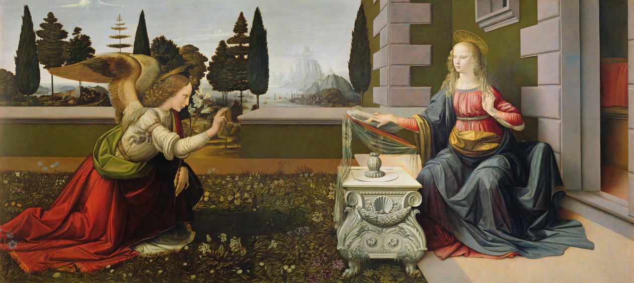 Annunciation, 1472-75 (efter restaurering) av Leonardo da Vinci