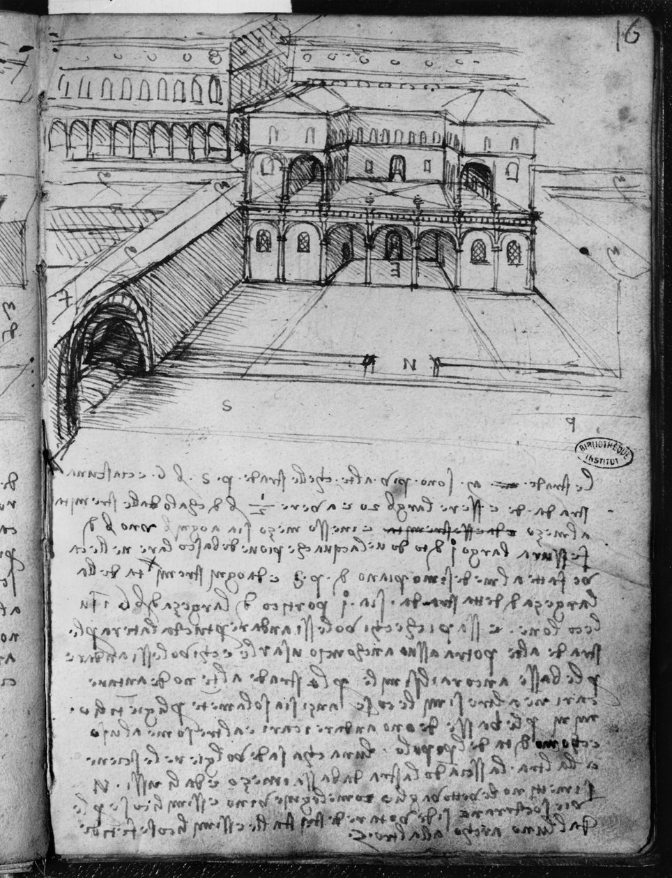 Arkitektskiss för en "idealstad", fol. 16 (recto) från Paris manuskript B, 1488-90 (penna och bläck på papper) av Leonardo da Vinci