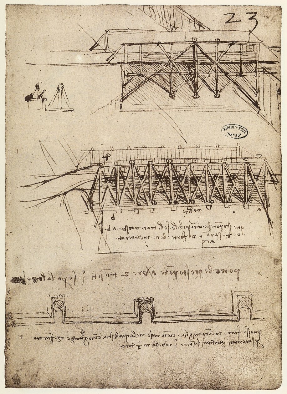 Codex B 2172 f.23r, mönster för broar, av Leonardo da Vinci