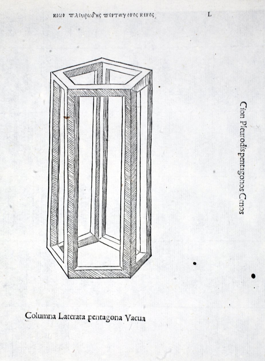 En tom femkantig tegelkolonn, illustration från "Divine Proportion" av Luca Pacioli (ca 1445-1517), ursprungligen pub. Venedig, 1509 av Leonardo da Vinci