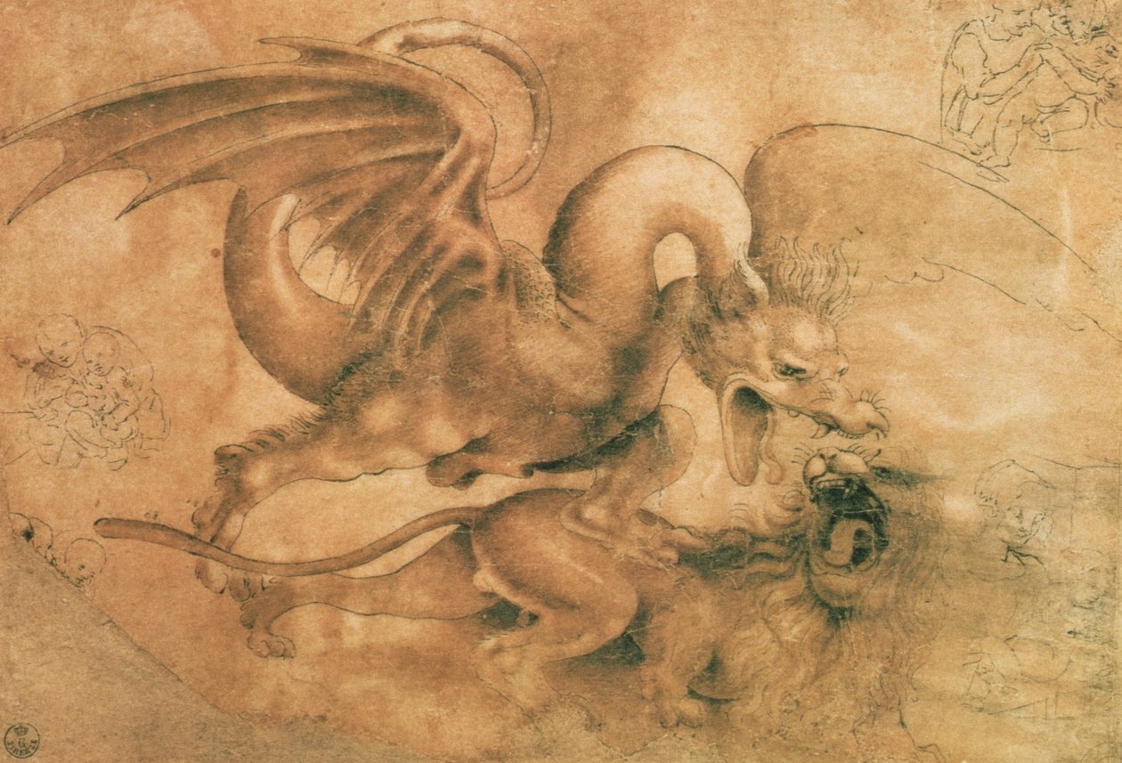 Slåss mellan en drake och ett lejon (brunt bläck med tvätt på papper) av Leonardo da Vinci