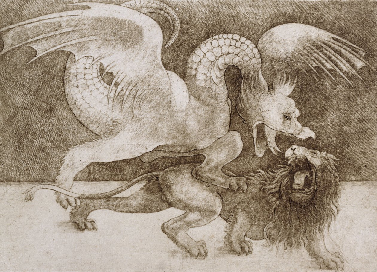 Slåss mellan en drake och ett lejon (penna och bläck på papper) (tryck) av Leonardo da Vinci