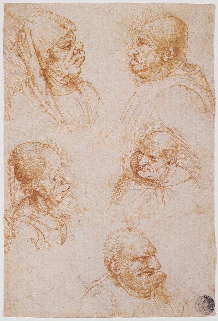 Fem studier av groteska ansikten (rödkrita på papper) av Leonardo da Vinci