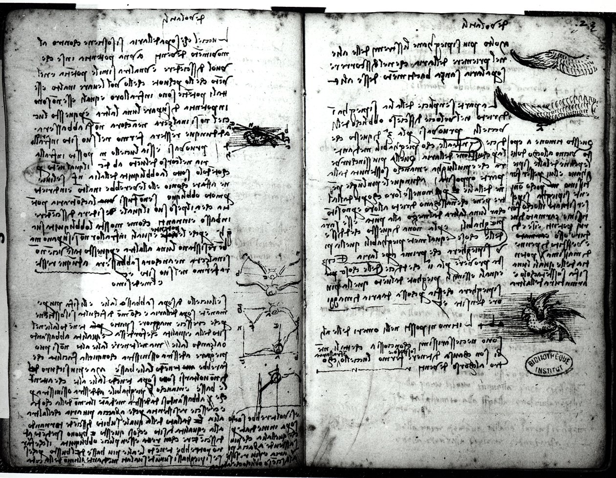 Parismanuskript E, fol. 22v och 23r: Skiss över fåglarnas flygning, 1513-14 av Leonardo da Vinci