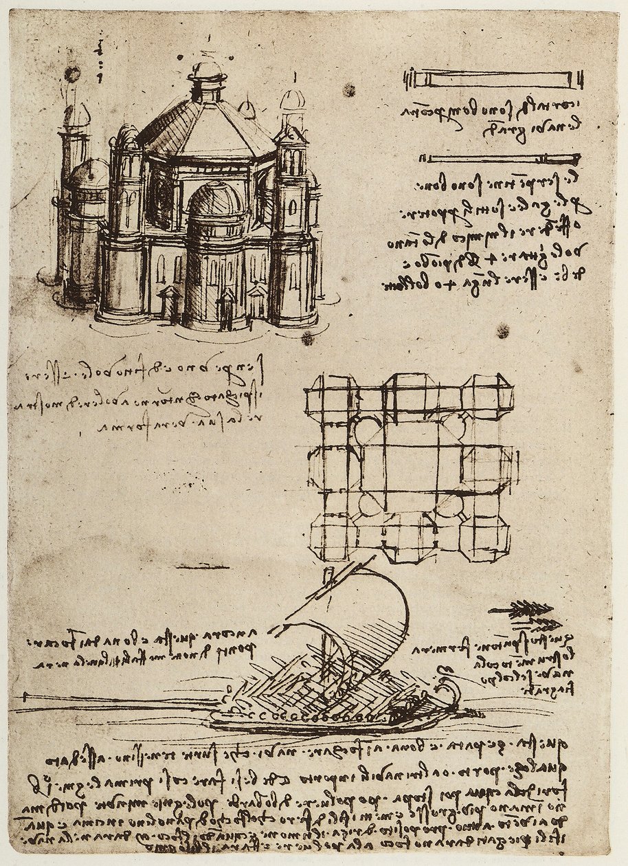 Poloketi mo se falesa e fausia i luga o le itu tutotonu ma se vaa ma foe ma folau, na tusia e Leonardo da Vinci, o se vaega o le Codex B (2173), c.39v, o loʻo i le Institut de France, Parisswed av Leonardo da Vinci