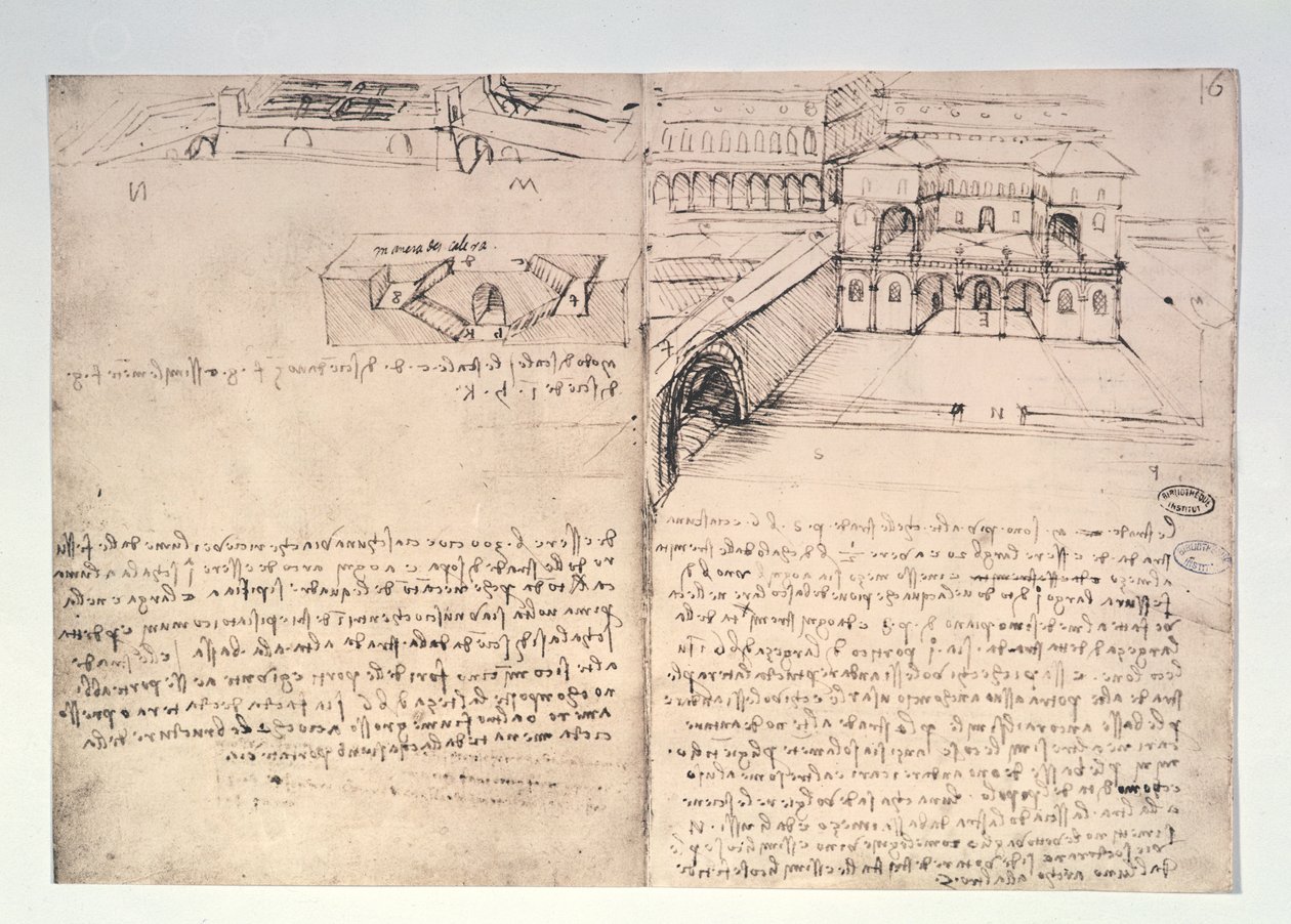 Trappa, fol. 15v, och arkitektskiss för en "idealisk stad", fol. 16r, från Paris manuskript B, 1488-90 av Leonardo da Vinci