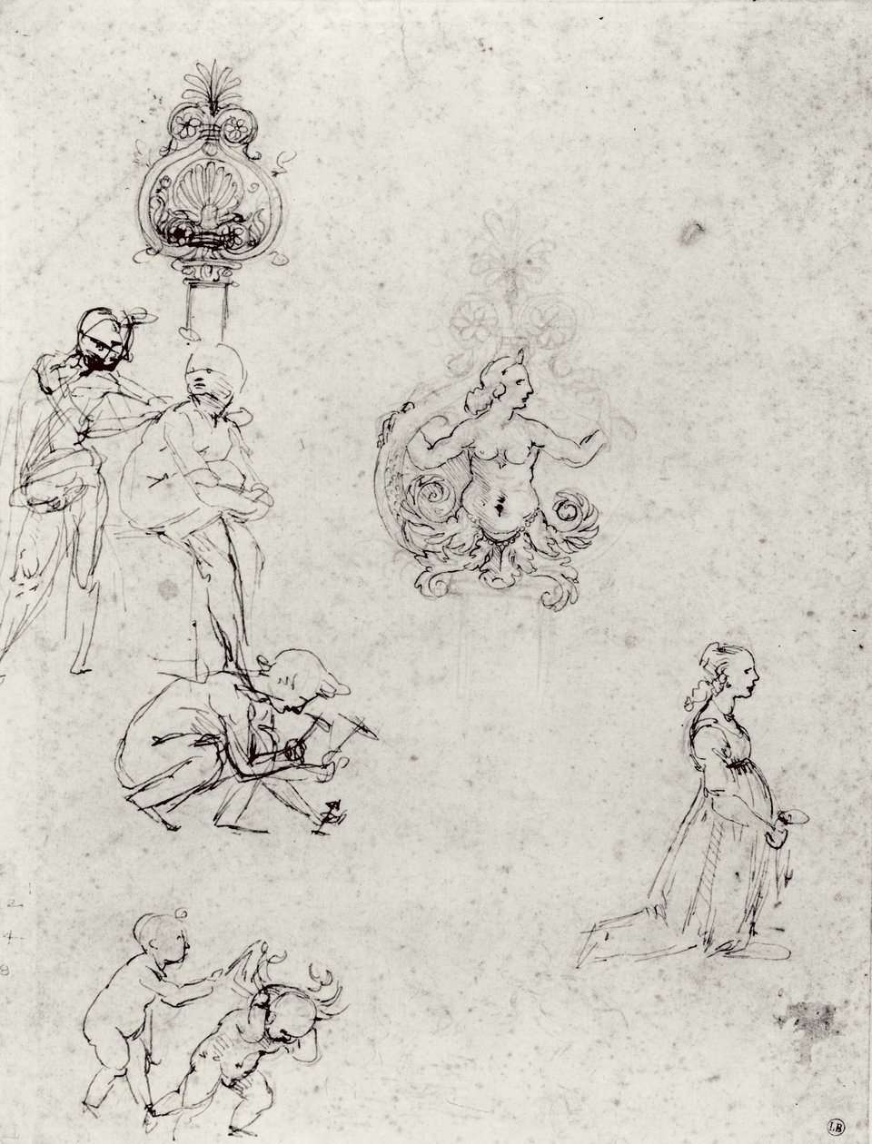 Studier av figurer och dekorationer, c.1480-82 (penna & bläck och metallspets) av Leonardo da Vinci