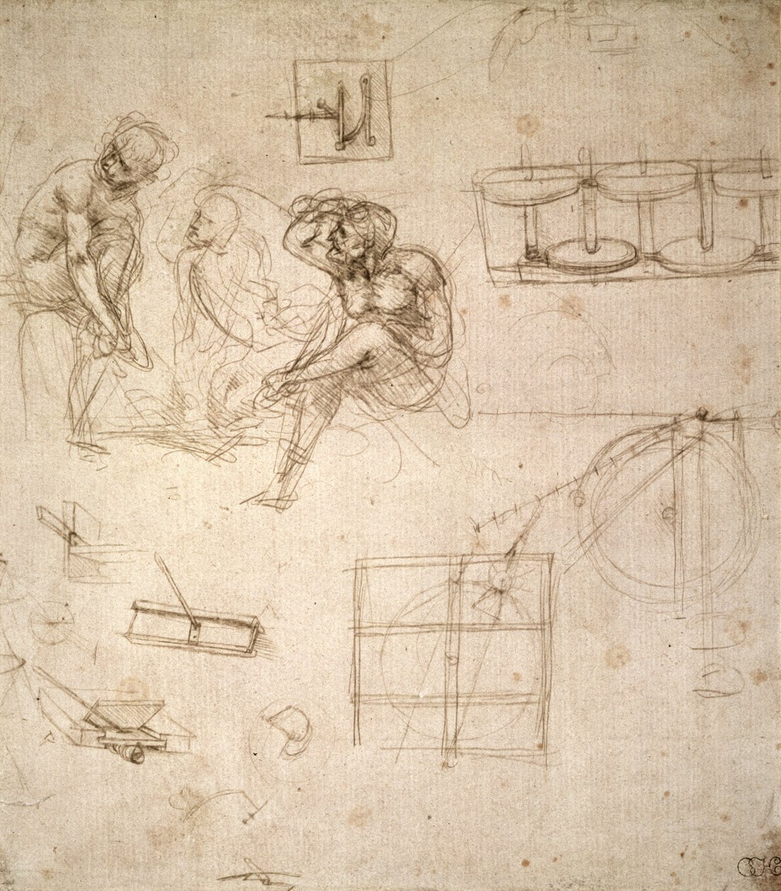 Studier av figurer och maskiner (silverspets på papper) av Leonardo da Vinci