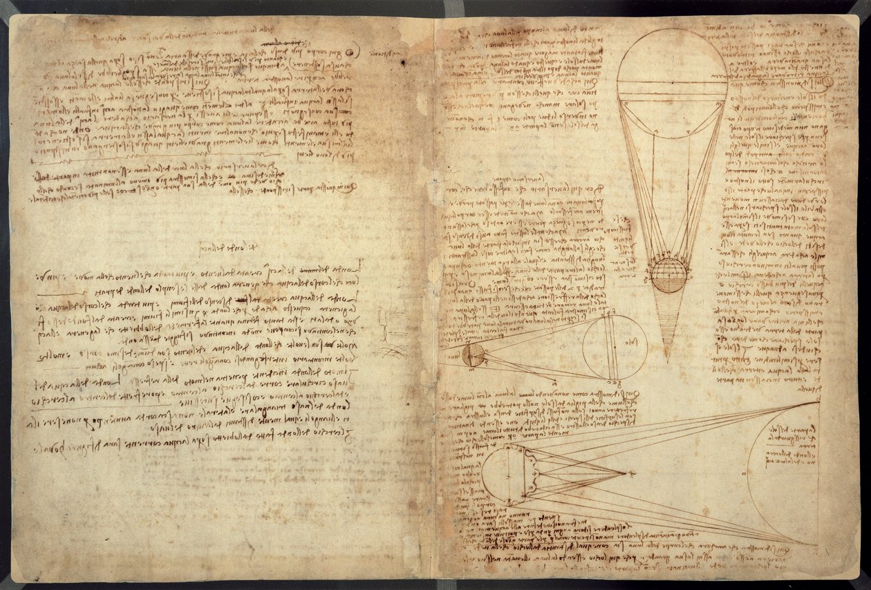 Studier av månens belysning, en sida från Codex Leicester, 1508-12 (sepiafärg på linnepapper) av Leonardo da Vinci