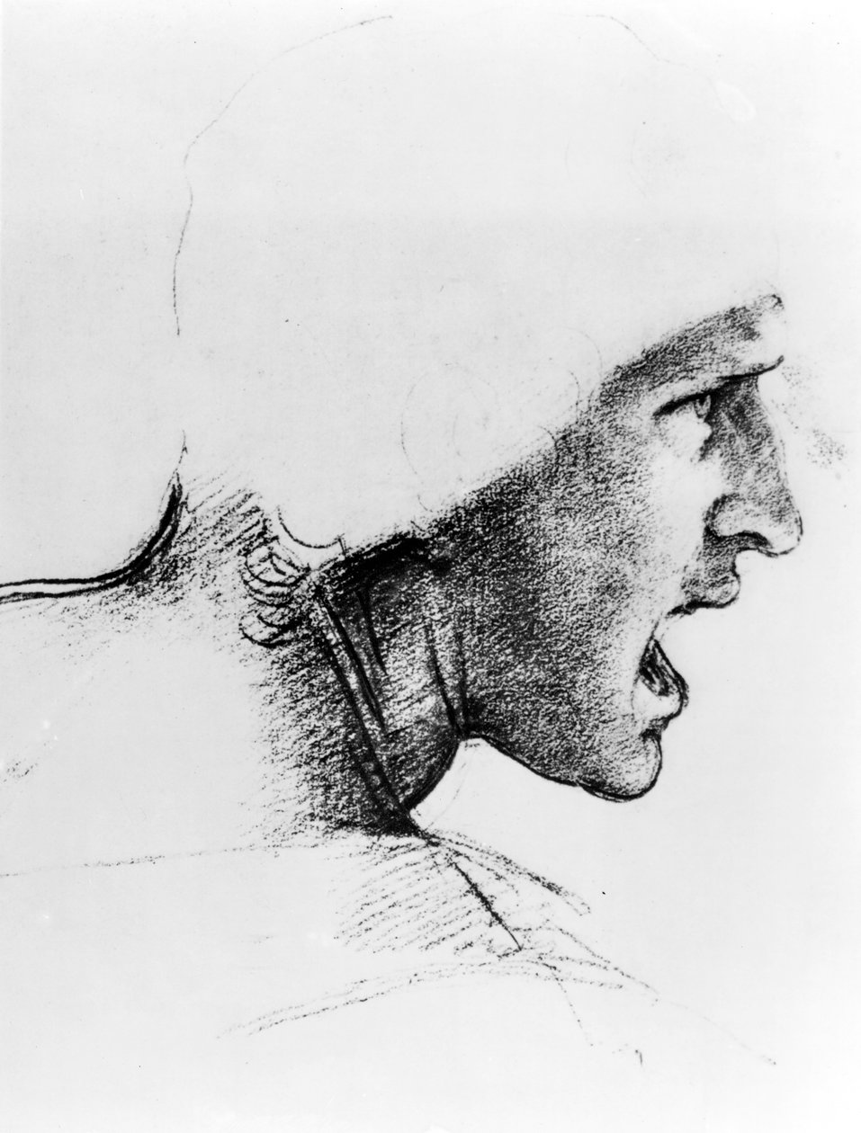 Studie för huvudet på en soldat i "Slaget vid Anghiari", ca 1504-05 (rödkrita på papper) av Leonardo da Vinci
