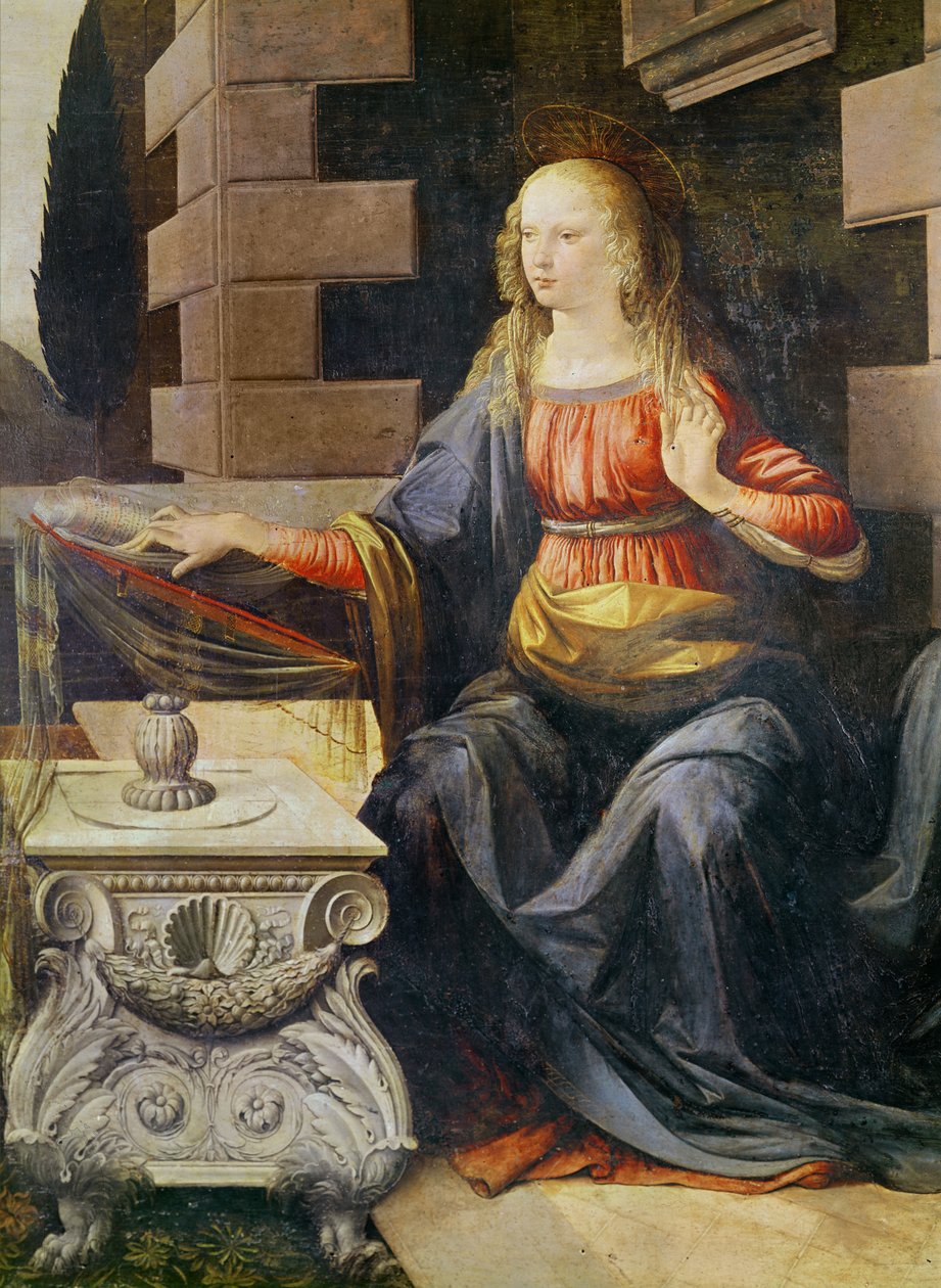Jungfruns bebådelsedetalj, c.1472-1475 olja på trä av Leonardo da Vinci