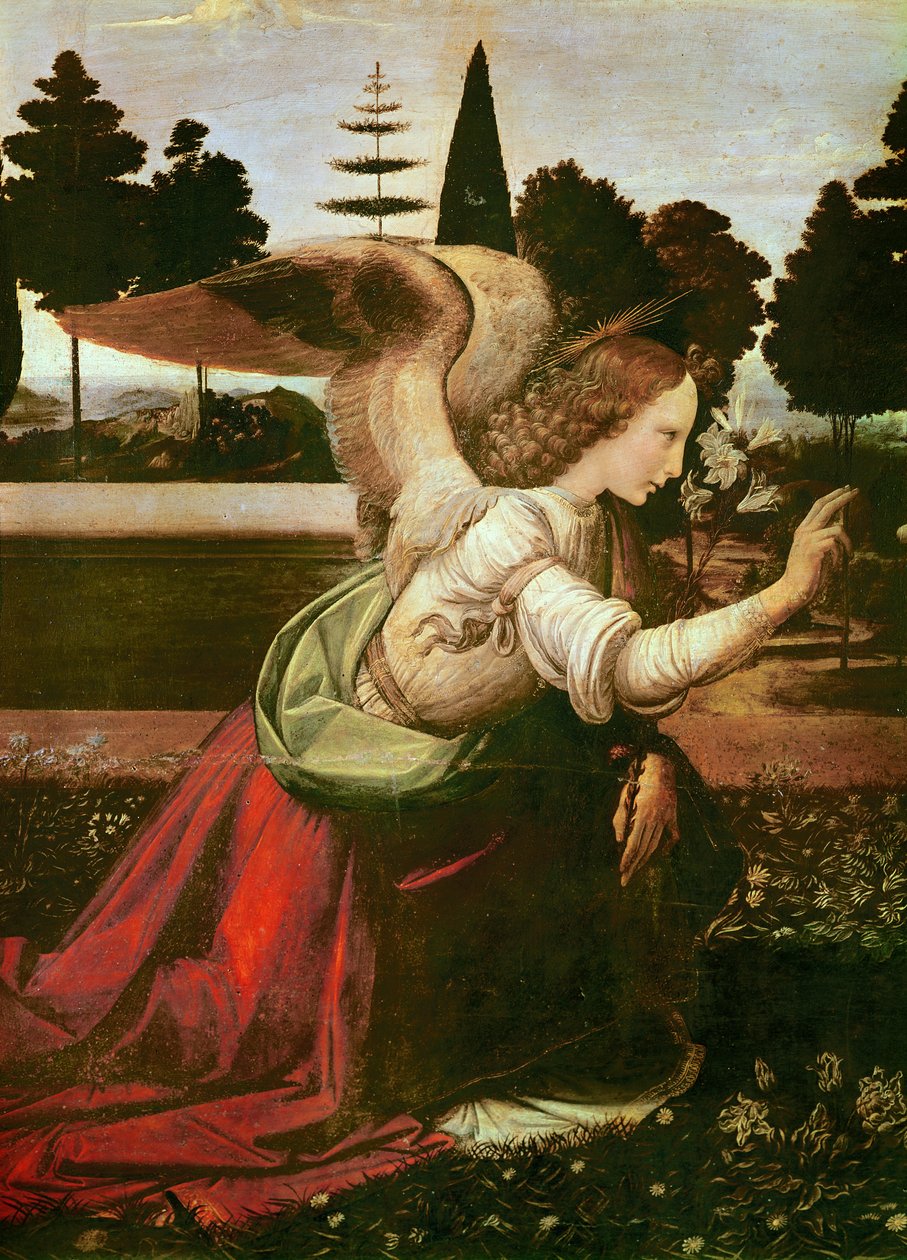 Annunciationsdetaljen av ängeln, c.1472-75 olja på trä av Leonardo da Vinci