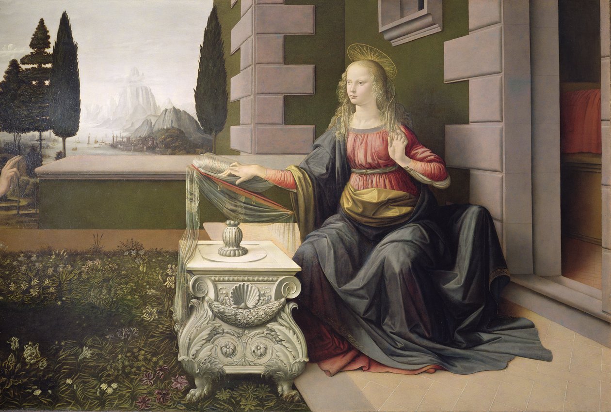 Jungfru Maria, från bebådelsen, 1472-75 (detalj) (efter restaurering) av Leonardo da Vinci