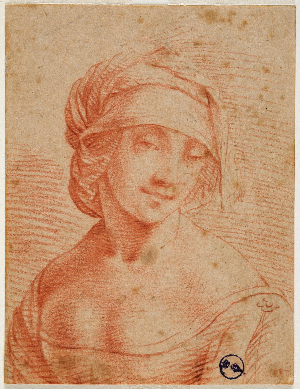 Byst av en ung kvinna med keps, första hälften av 1500-talet (blod på papper) av Leonardo da follower of Vinci