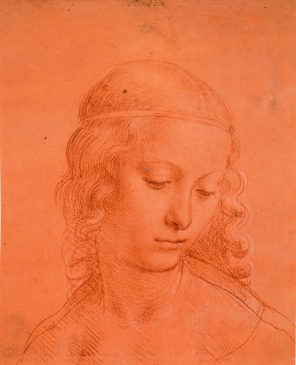 Jomfruens hoved, ca. 1508-10 (blod med strejf af hvid lak på forberedt rødt papir)swed av Leonardo da school of Vinci