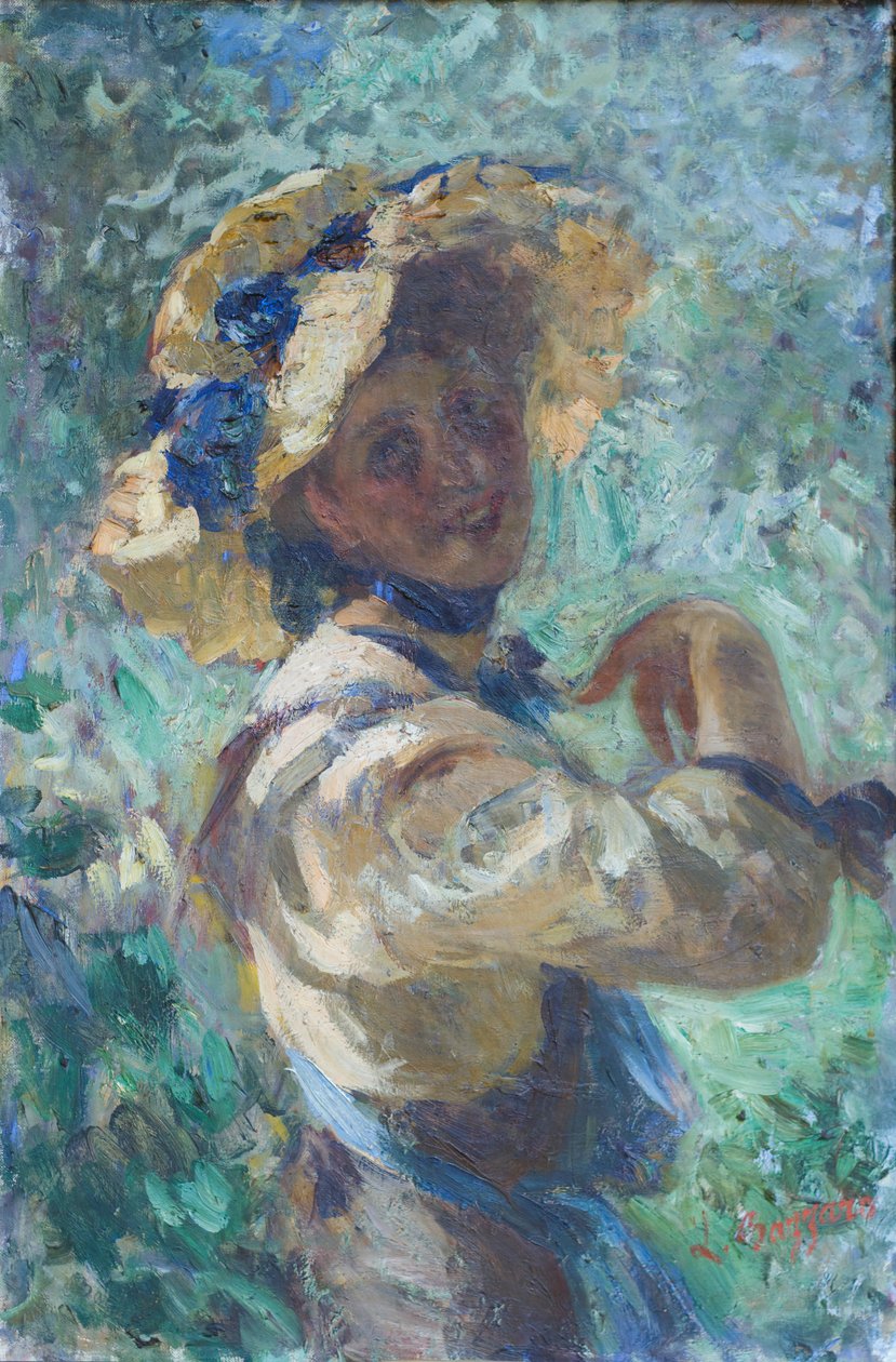 Damen i trädgården (olja på duk) av Leonardo Bazzaro